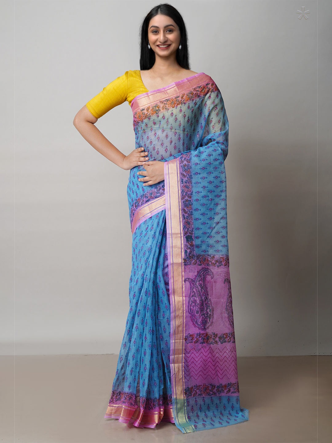 

Unnati Silks Ethnic Motifs Printed Zari Pure Cotton Kota Hadloom Saree, Blue