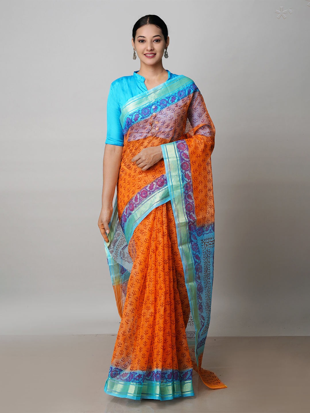 

Unnati Silks Ethnic Motifs Printed Pure Cotton Handloom Kota Saree, Orange
