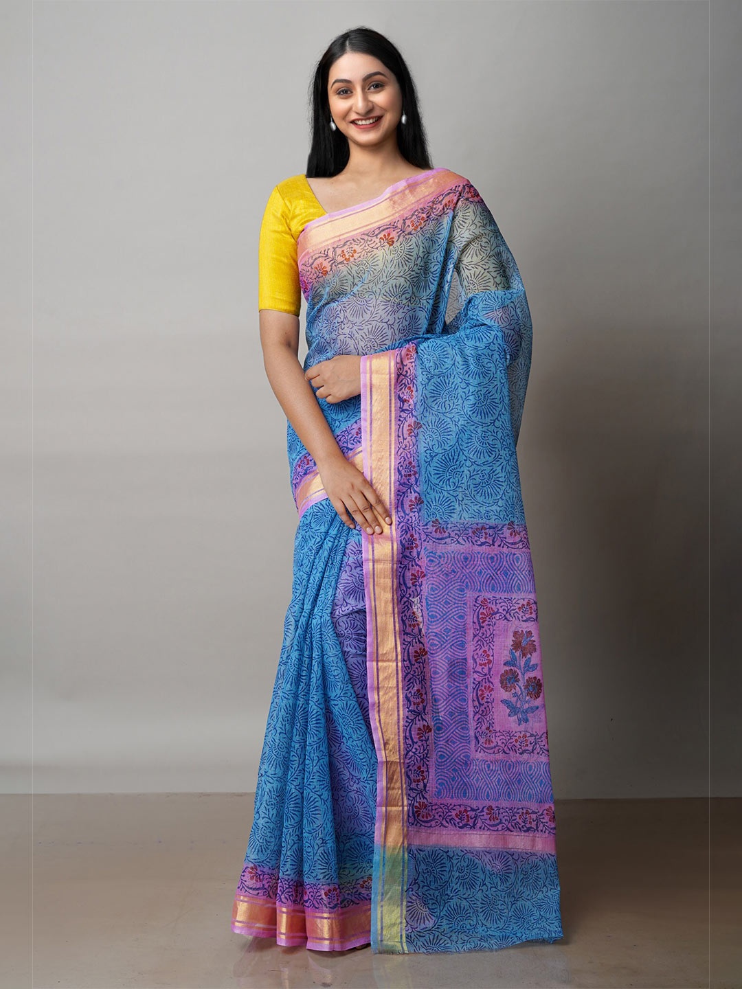 

Unnati Silks Ethnic Motifs Zari Pure Cotton Handloom Kota Saree, Blue