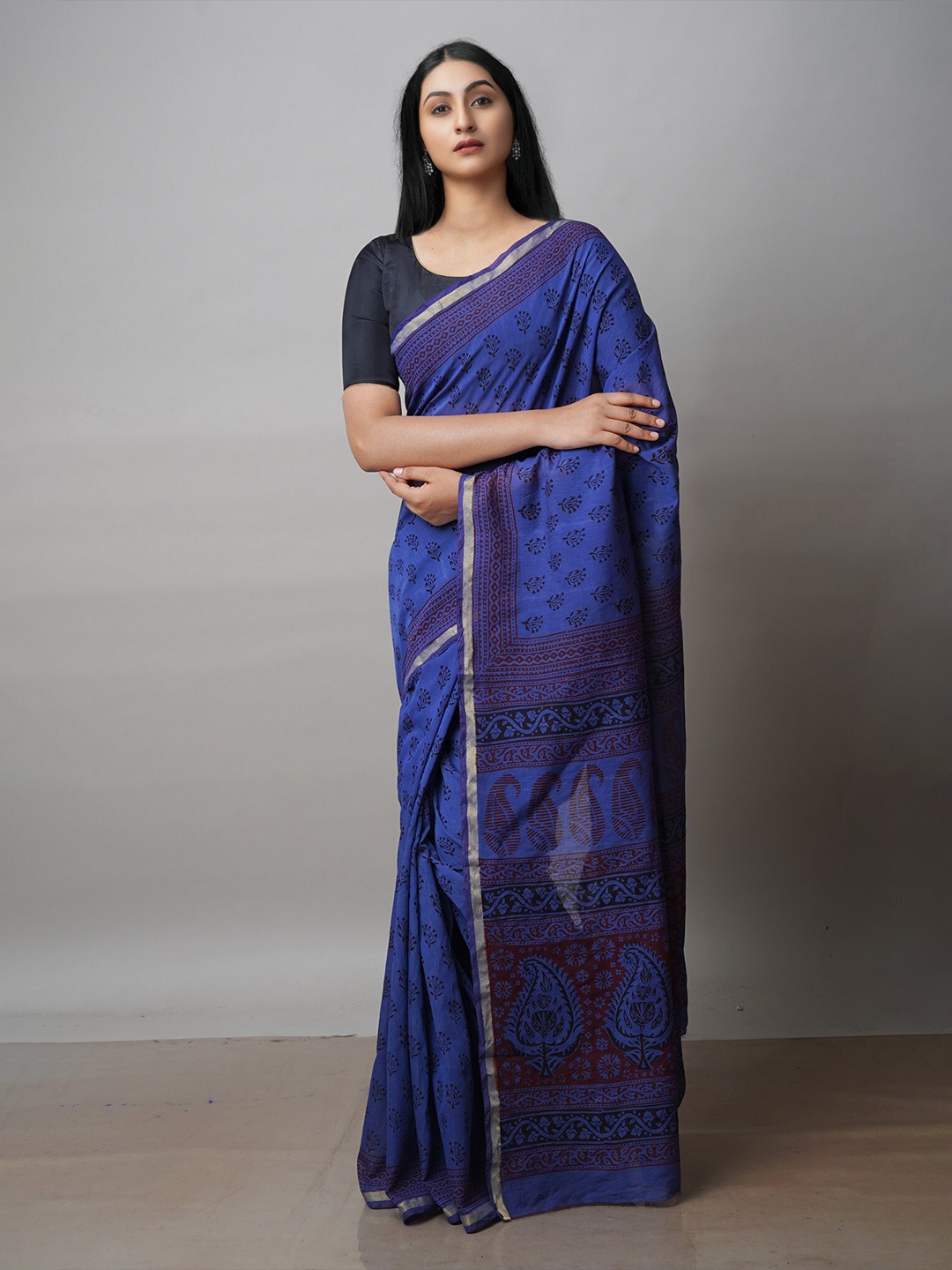 

Unnati Silks Ethnic Motifs Printed Zari Chanderi Saree, Blue