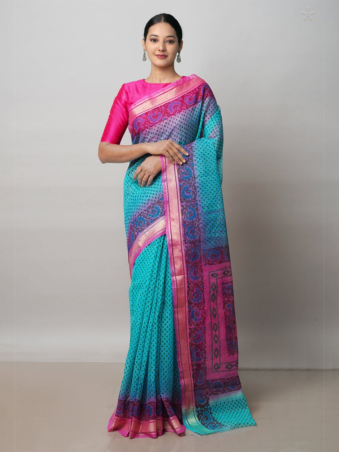 

Unnati Silks Ethnic Motifs Block Printed Pure Cotton Kota Saree, Blue