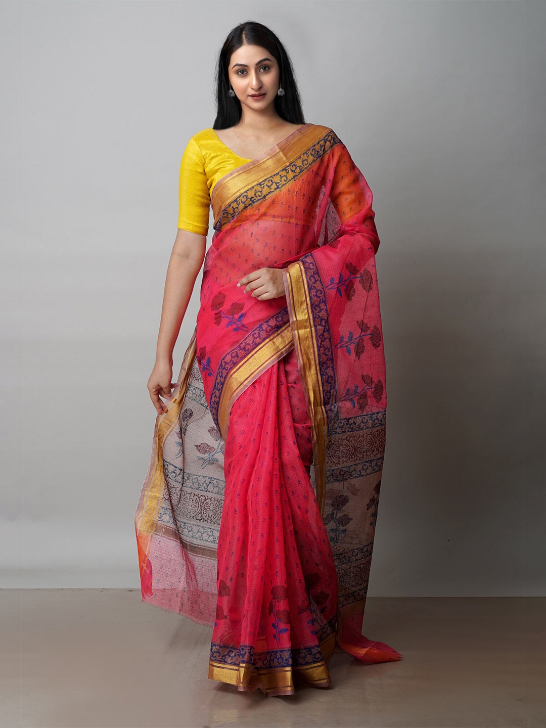 

Unnati Silks Ethnic Motifs Printed Zari Pure Cotton Kota Saree, Red