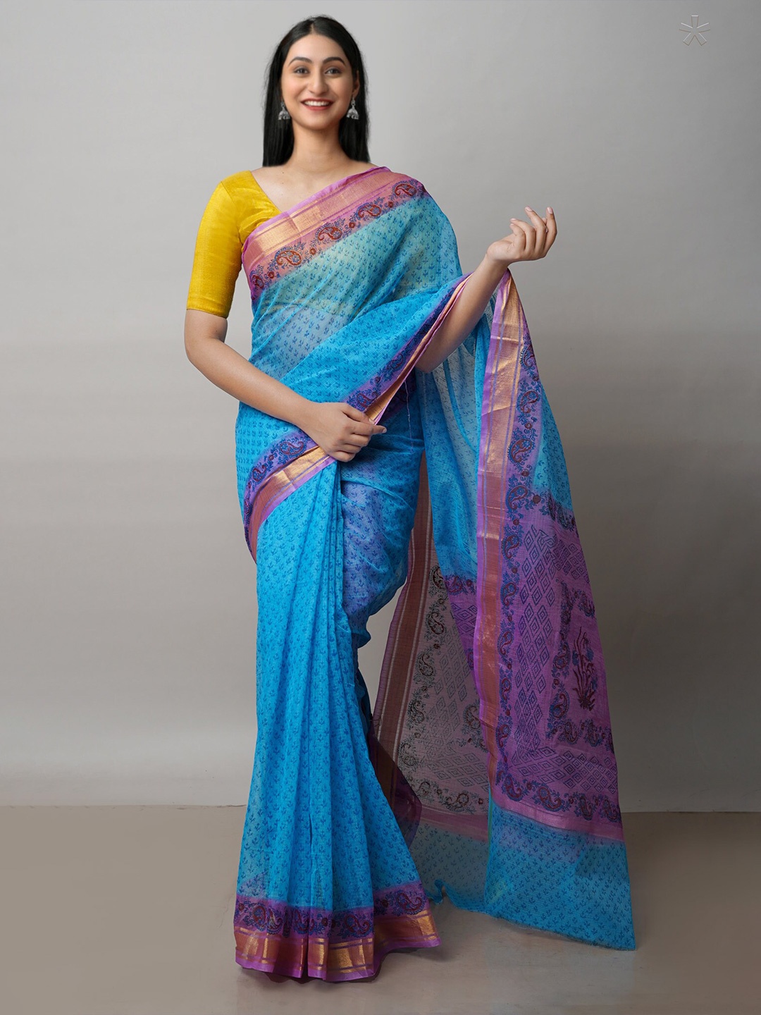 

Unnati Silks Ethnic Motifs Printed Zari Pure Cotton Handloom Kota Saree, Blue