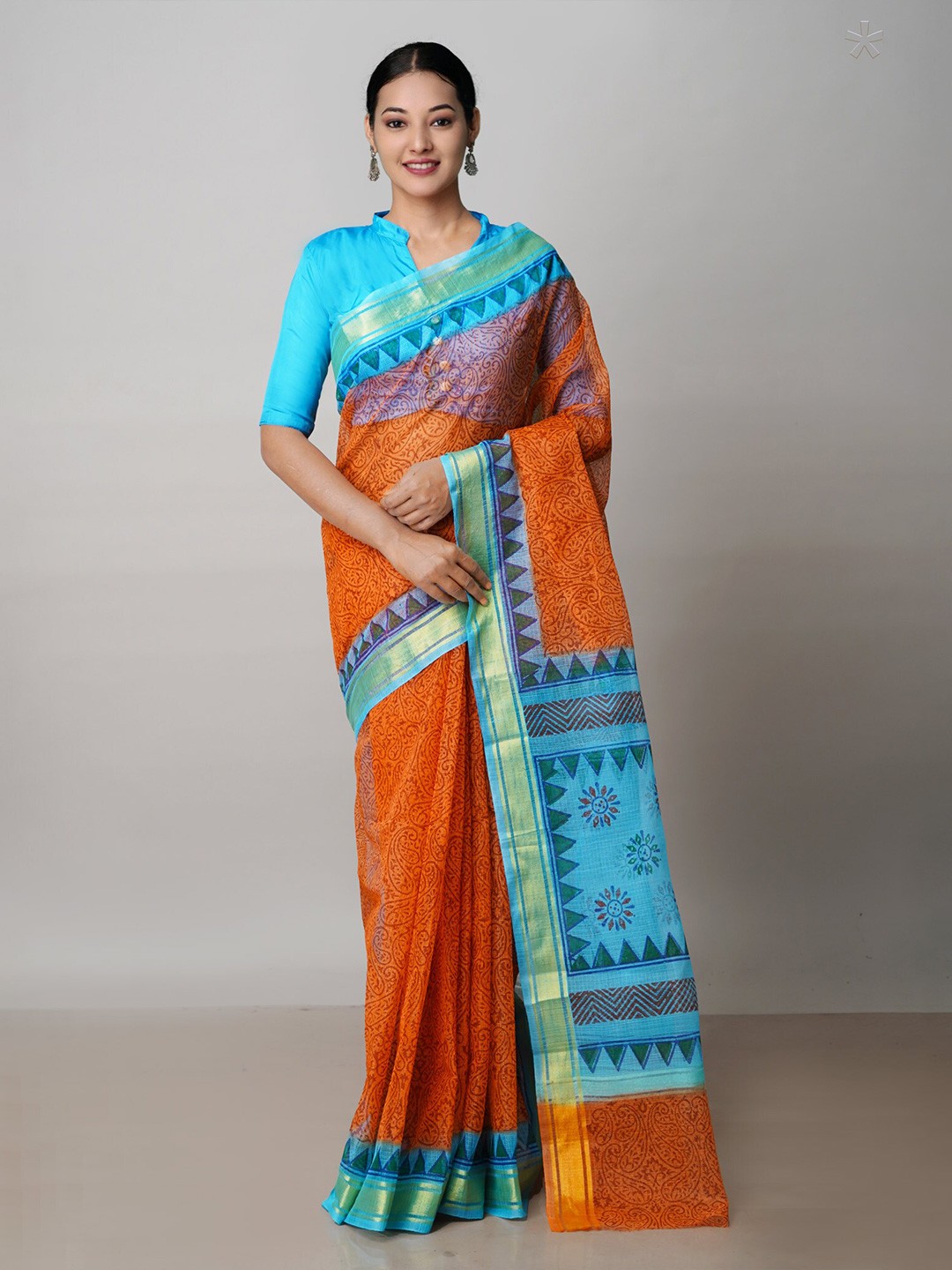 

Unnati Silks Ethnic Motifs Printed Pure Cotton Handloom Kota Saree, Orange