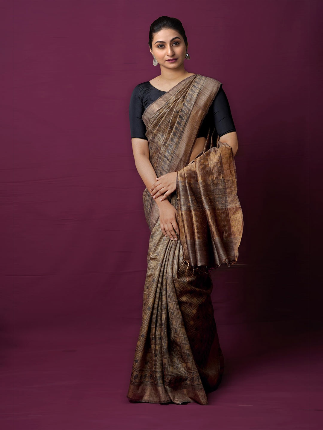 

Unnati Silks Ethnic Motifs Printed Zari Pure Silk Tussar Handloom Saree, Brown