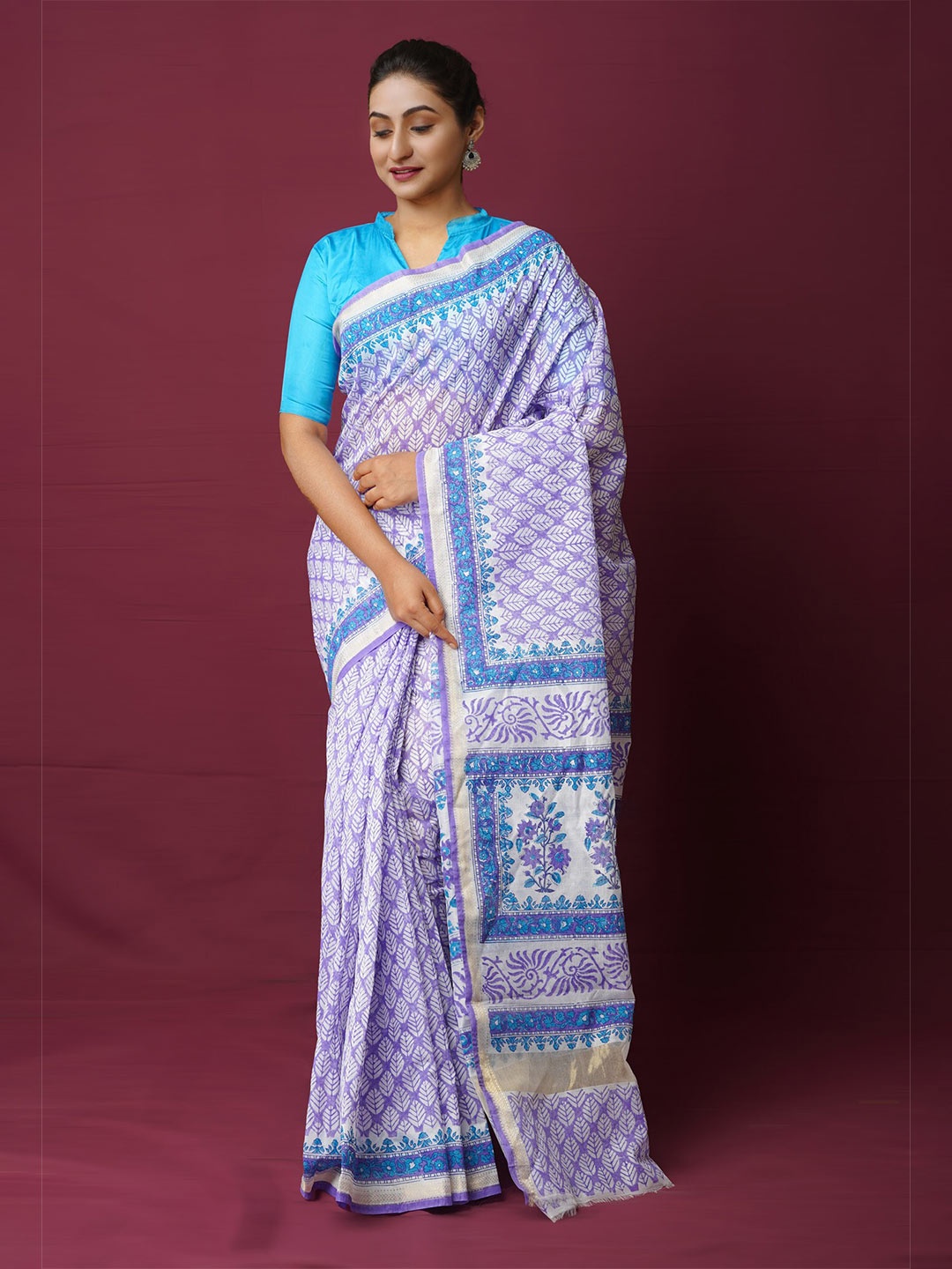 

Unnati Silks Ethnic Motifs Printed Zari Silk Cotton Chanderi Saree, Lavender