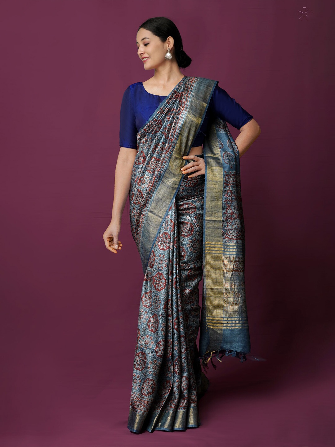 

Unnati Silks Ethnic Motifs Printed Zari Pure Silk Handloom Tussar Saree, Grey
