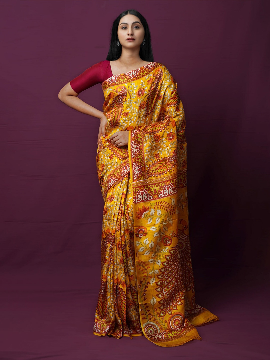 

Unnati Silks Ethnic Motif Block Printed Pure Mysore Silk Saree, Yellow