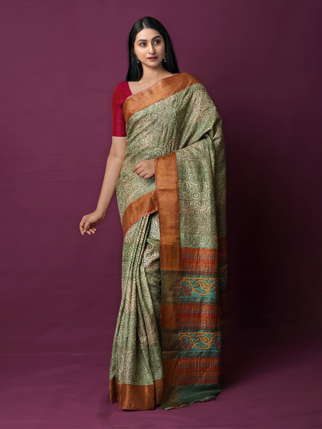 

Unnati Silks Block Printed Kantha Work Embroidered Pure Silk Tussar Saree, Green