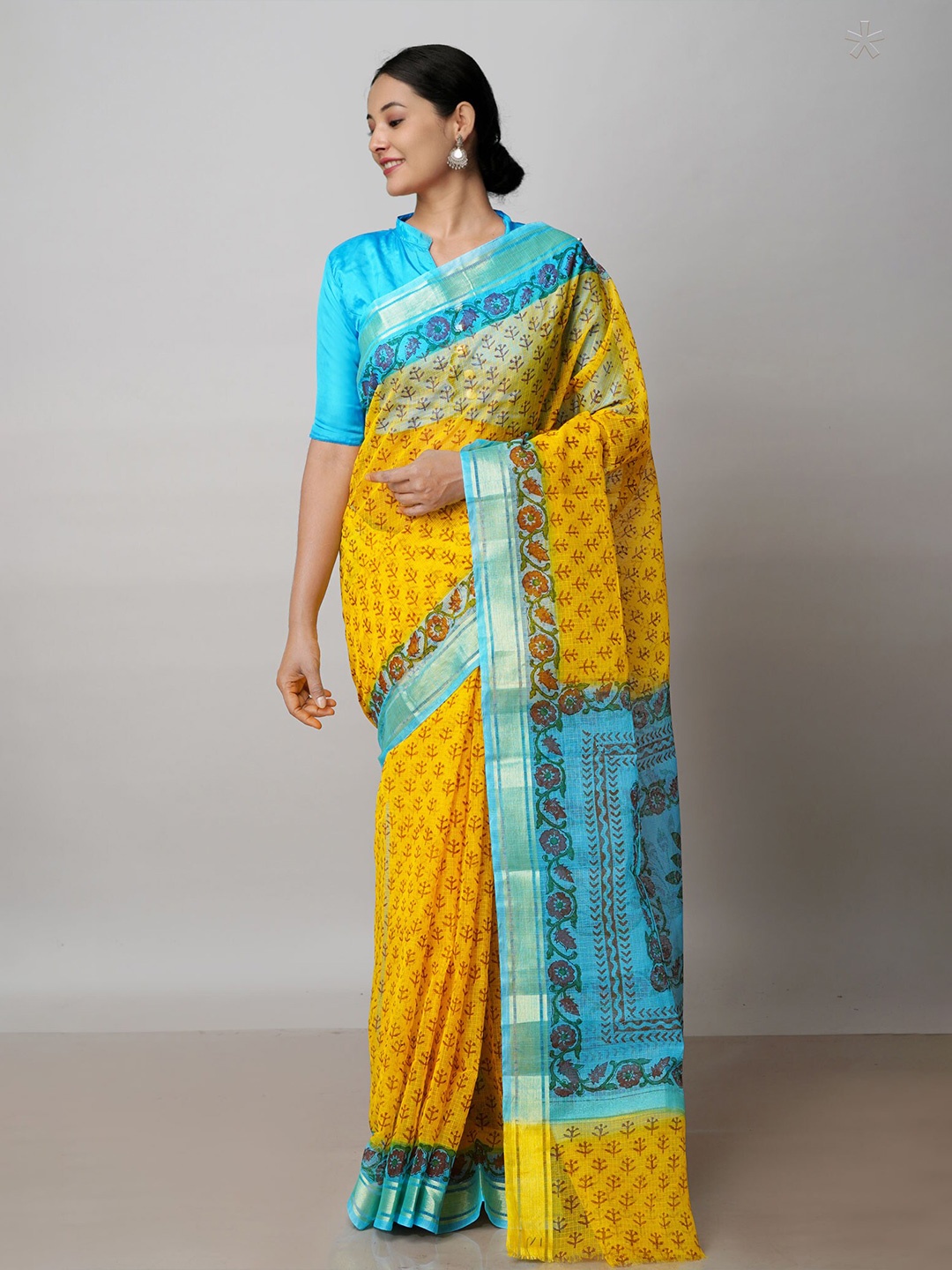 

Unnati Silks Ethnic Motifs Printed Zari Pure Cotton Handloom Kota Saree, Yellow