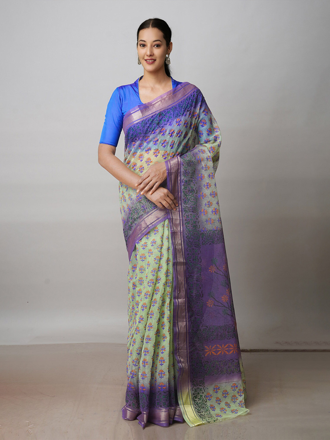

Unnati Silks Ethnic Motifs Block Printed Pure Cotton Kota Saree, Sea green