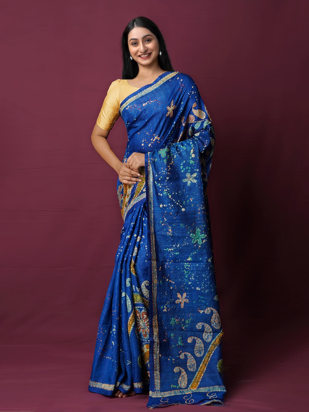 

Unnati Silks Ethnic Motifs Embroidered Pure Silk Handloom Tussar Saree, Blue