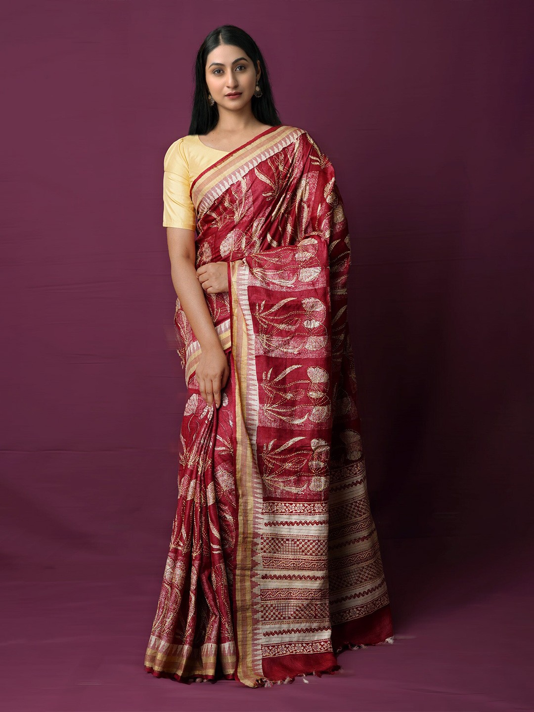 

Unnati Silks Floral Printed Kantha Work Pure Silk Tussar Handloom Saree, Maroon