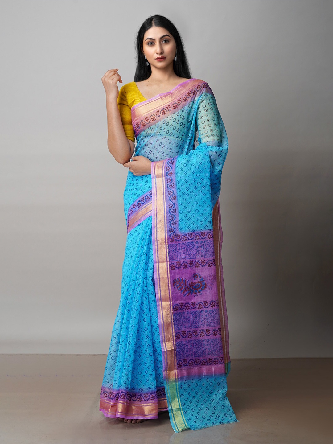 

Unnati Silks Ethnic Motifs Printed Zari Pure Cotton Kota Handloom Saree, Blue