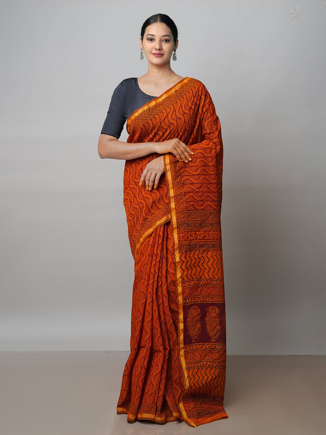 

Unnati Silks Bagh Printed Chanderi Saree, Orange