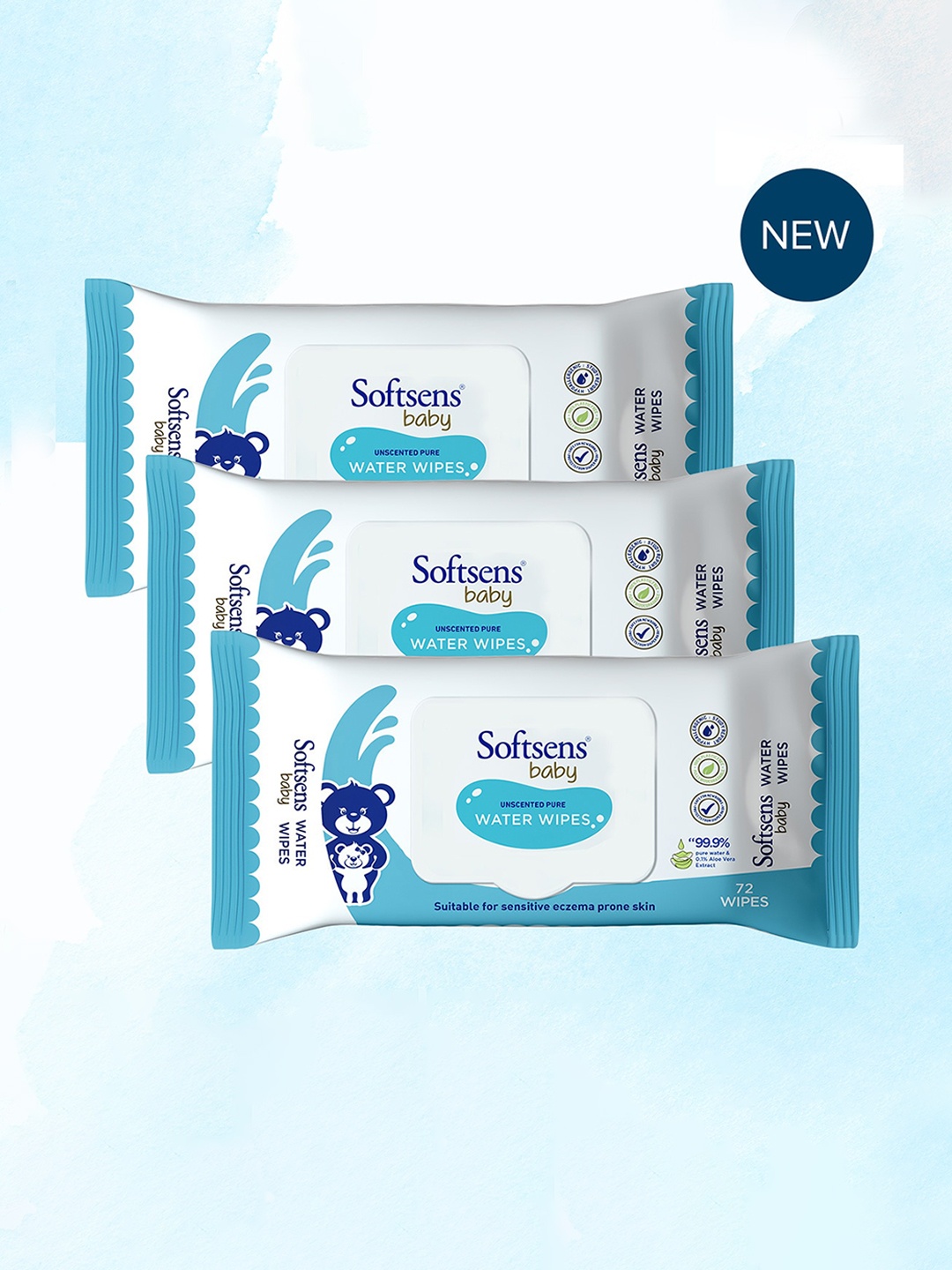 

Softsens Baby Set Of 3 Unscented 99.9% Pure Water & 0.1% Aloe Vera Baby Wipes - 72Pcs Each, White