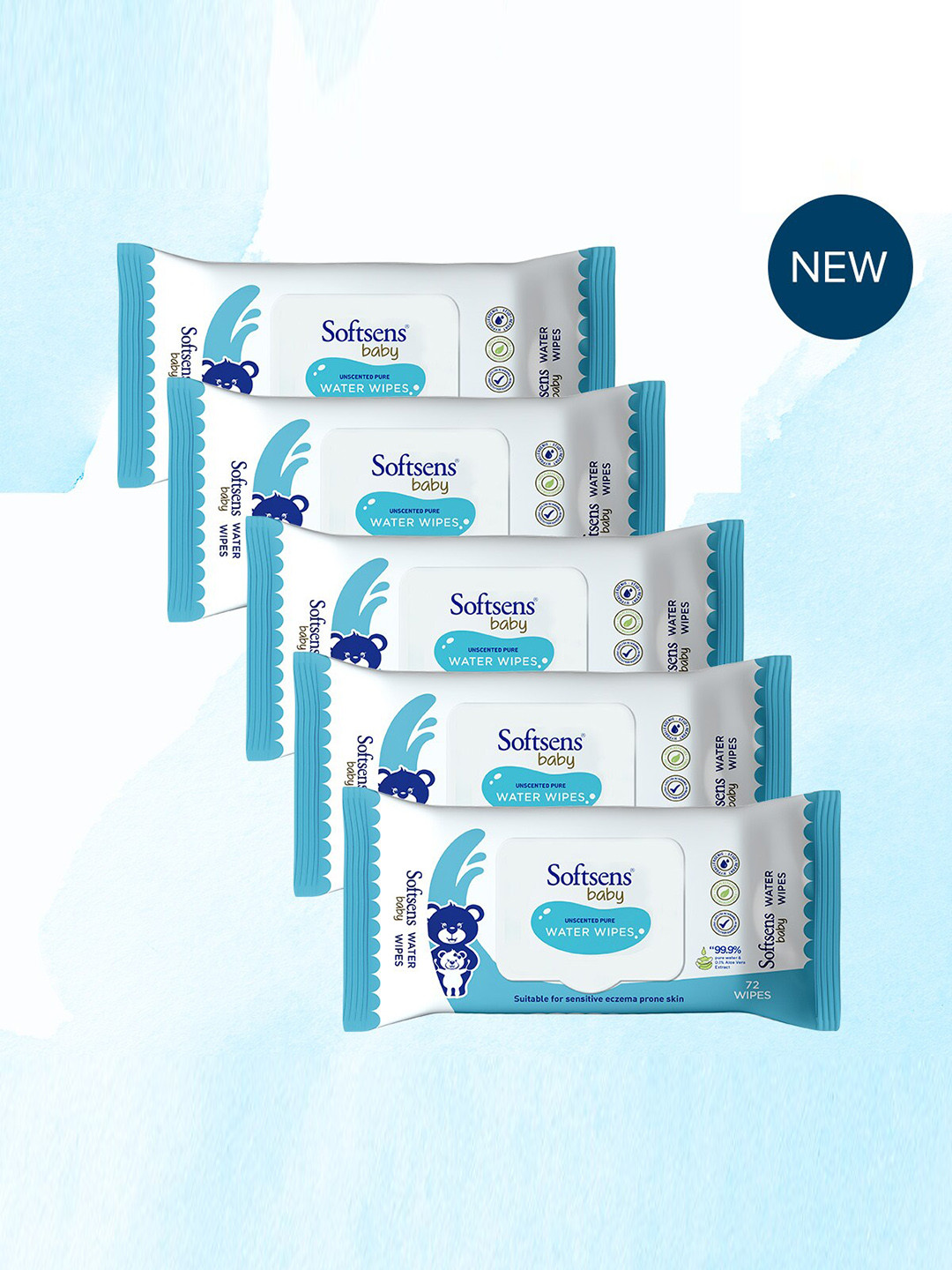 

Softsens Baby Set Of 5 Unscented 99.9% Pure Water & 0.1% Aloe Vera Baby Wipes - 72Pcs Each, White