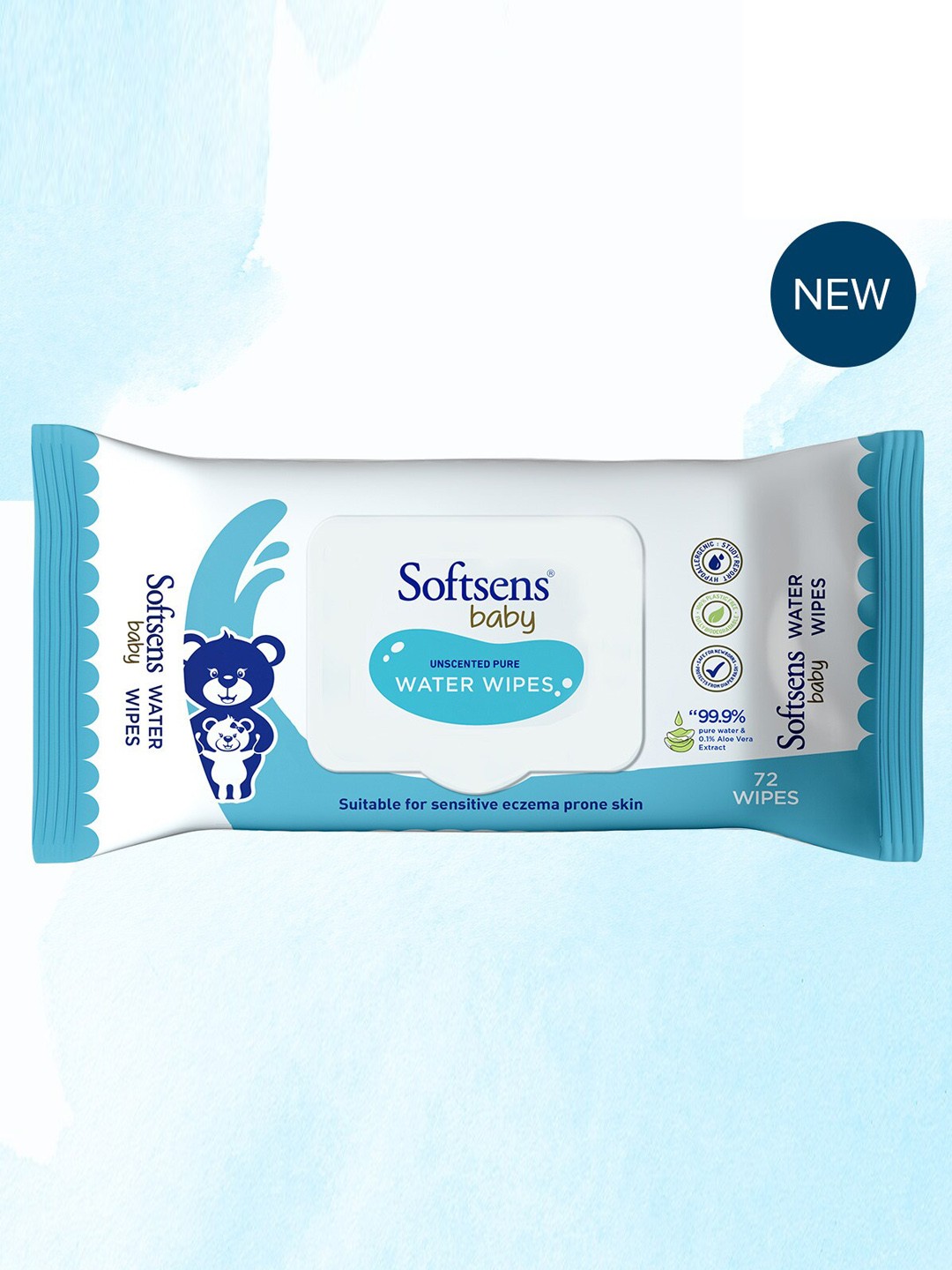 

Softsens Kids Unscented 99.9% Pure Water & 0.1% Aloe Vera Baby Wipes - 72Pcs, White