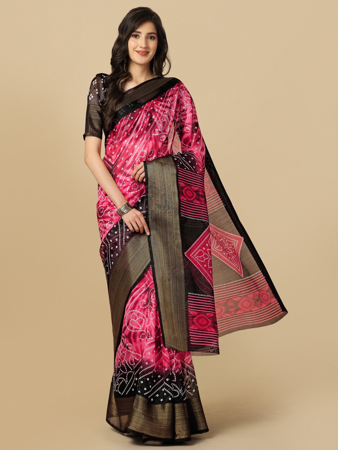 

KALINI Bandhani Zari Silk Blend Bandhani Saree, Pink