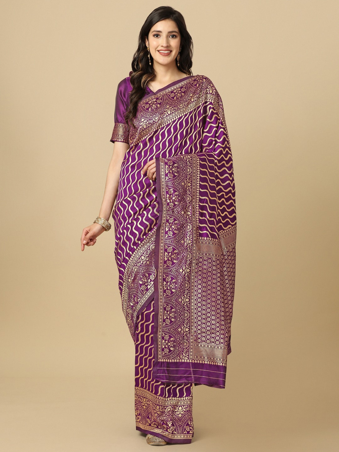 

KALINI Woven Design Zari Silk Blend Leheriya Saree, Purple
