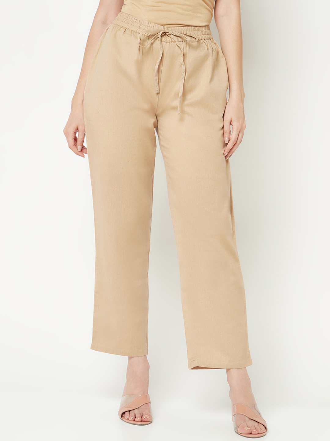 

IMARA Women Mid Rise Plain Cotton Straight Fit Trousers, Beige