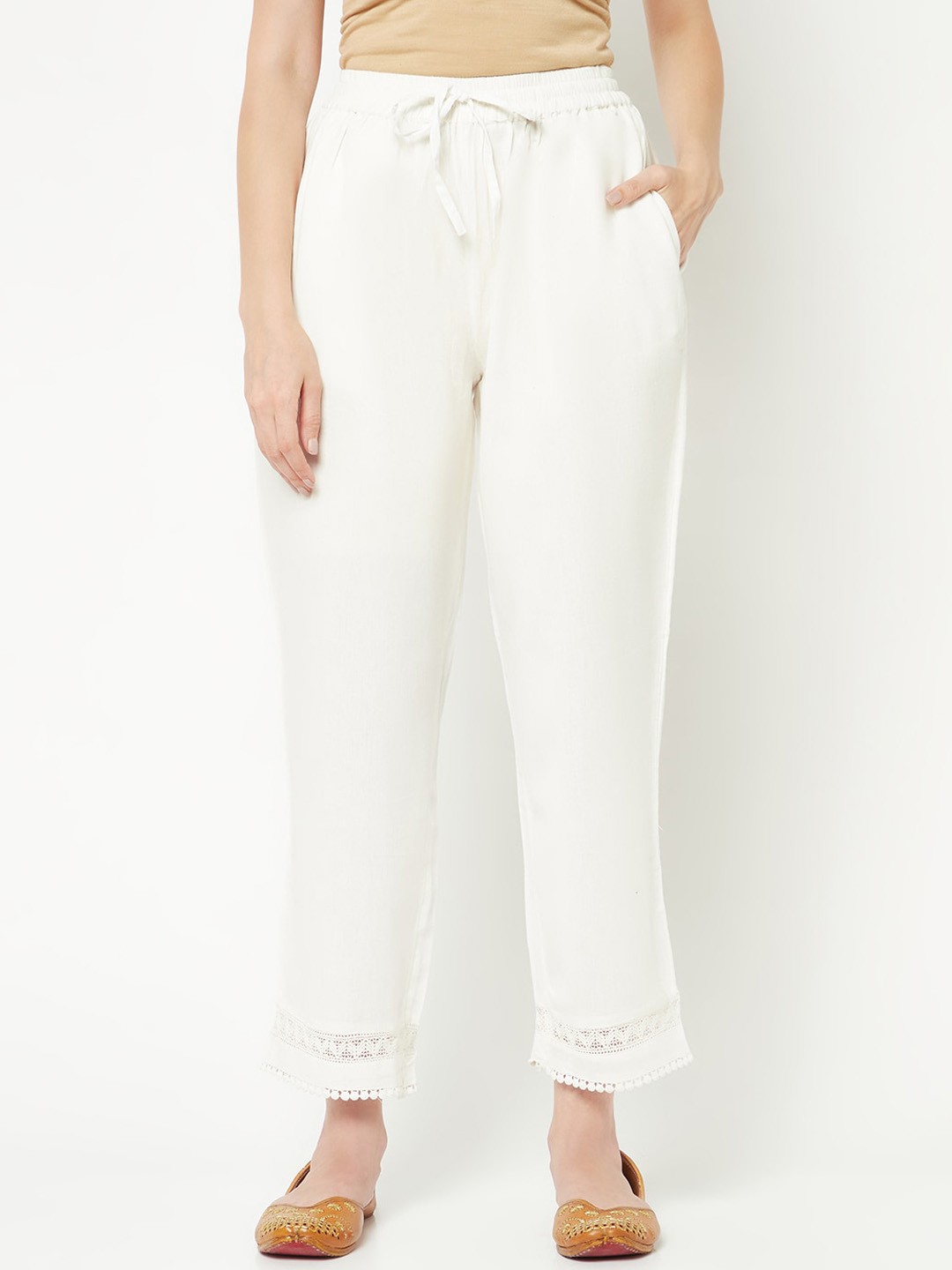 

IMARA Women Mid Rise Plain Straight Fit Cotton Cropped Trousers, Off white