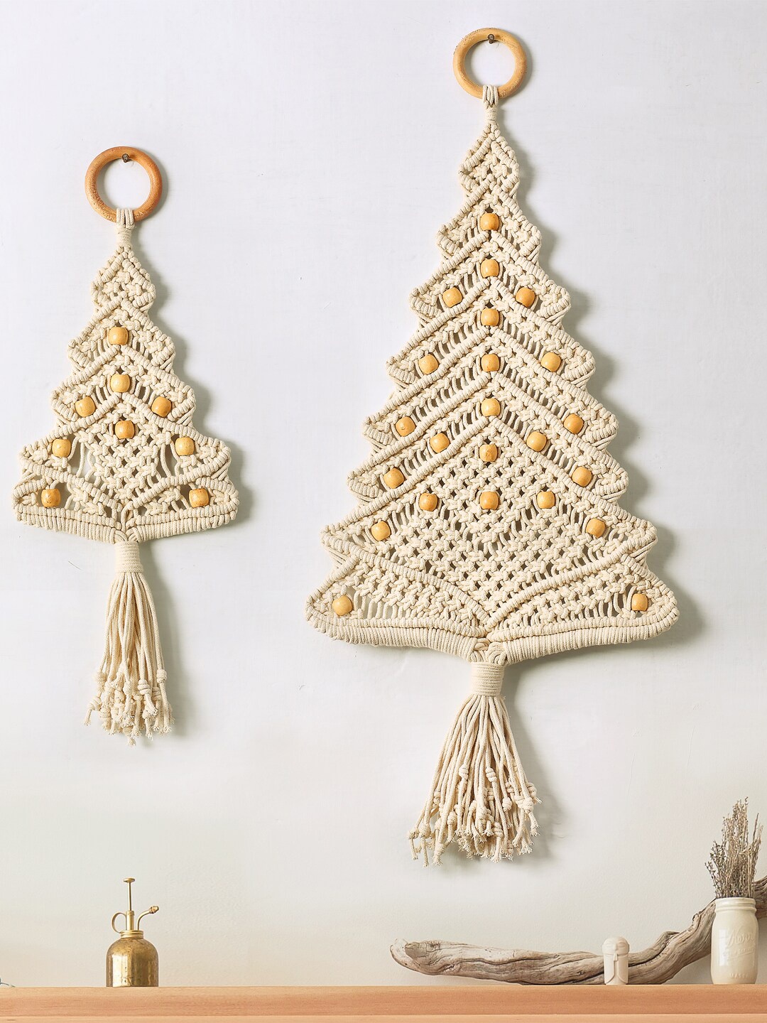 

Decazone Beige 2 Pieces Woven Macrame Christmas Tree Wall Decor