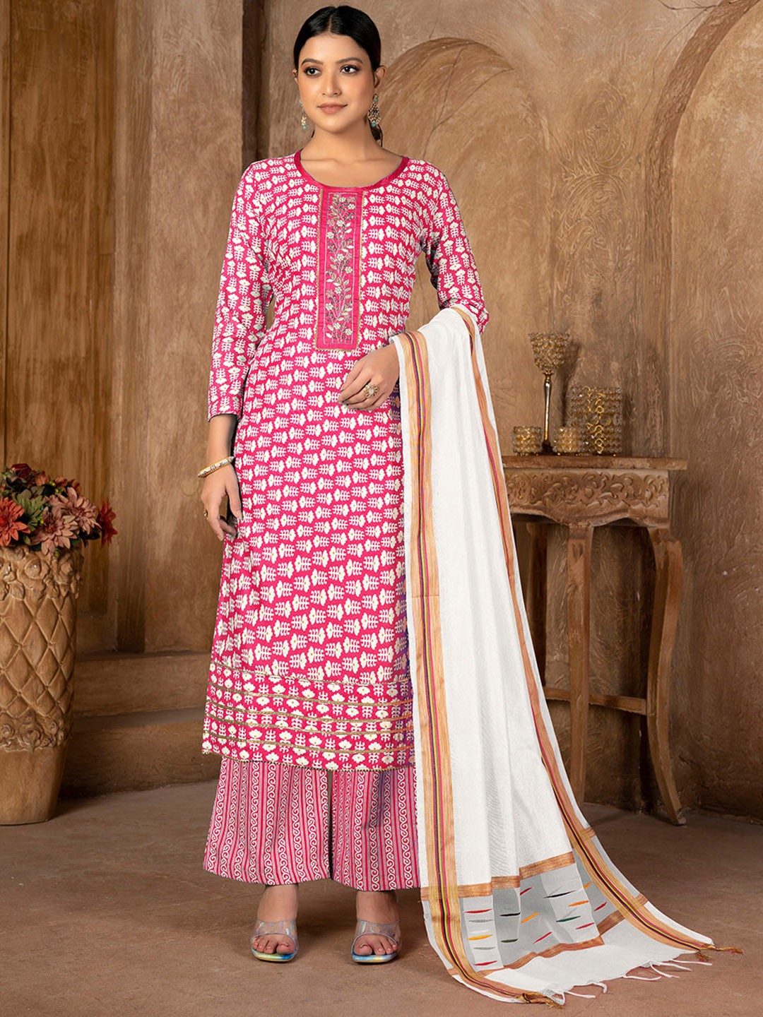 

SHADOW & SAINING Embroidered Pure Cotton Unstitched Dress Material, Pink