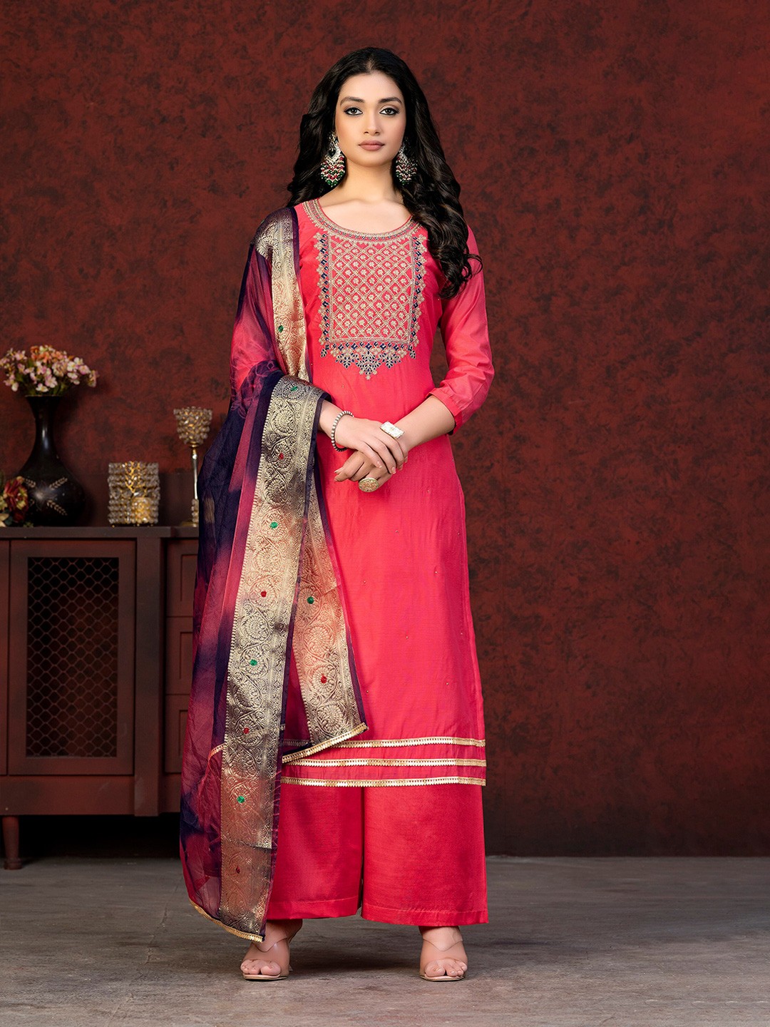 

SHADOW & SAINING Ethnic Motifs Embroidered Unstitched Dress Material, Pink