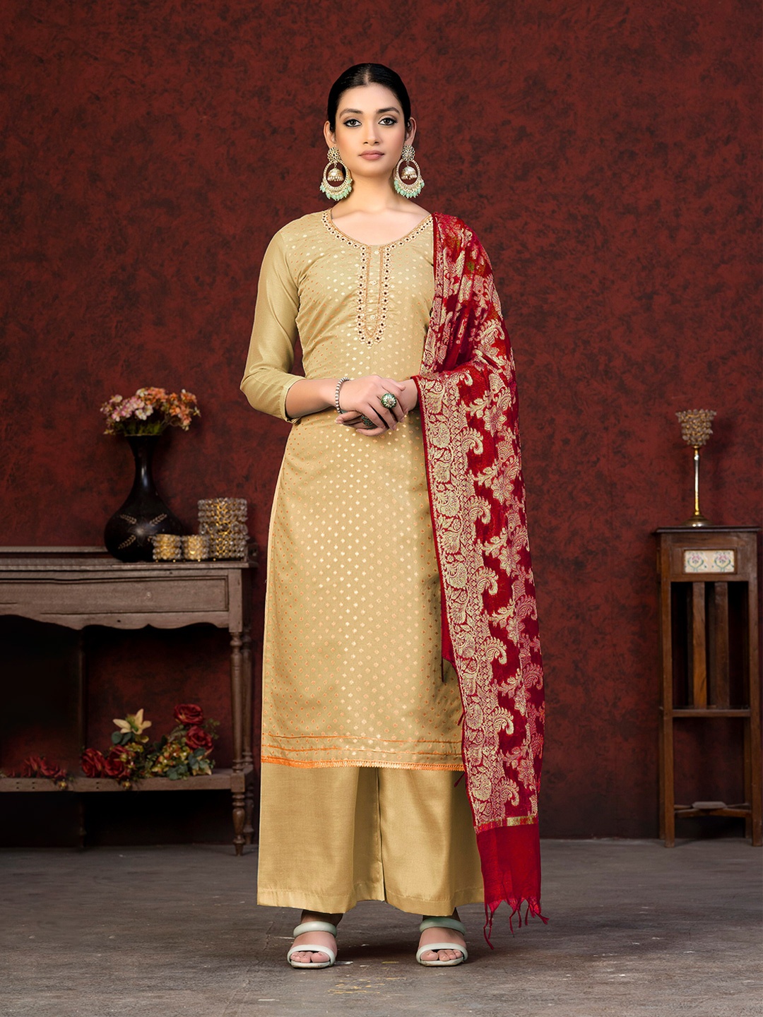 

SHADOW & SAINING Jacquard Zardozi Work Unstitched Dress Material, Beige