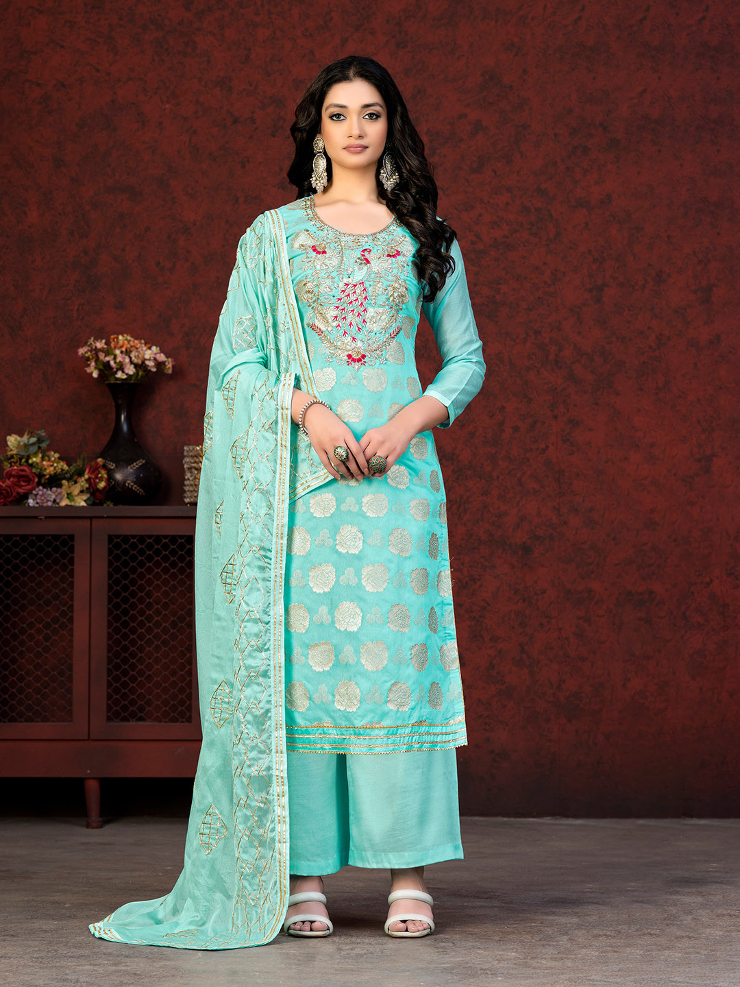 

SHADOW & SAINING Ethnic Motifs Embroidered Gotta Patti Unstitched Dress Material, Sea green