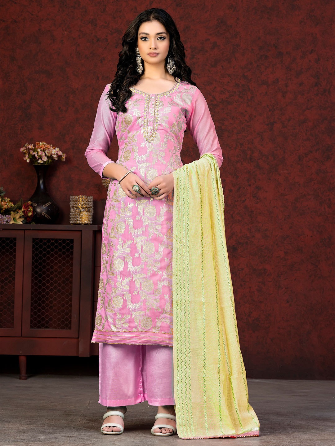 

SHADOW & SAINING Woven Design Unstitched Dress Material, Pink