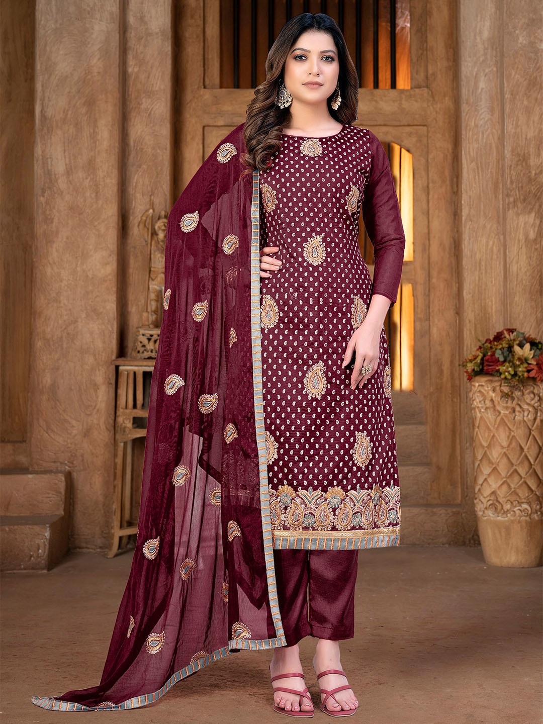 

SHADOW & SAINING Paisley Embroidered Unstitched Dress Material With Dupatta, Brown