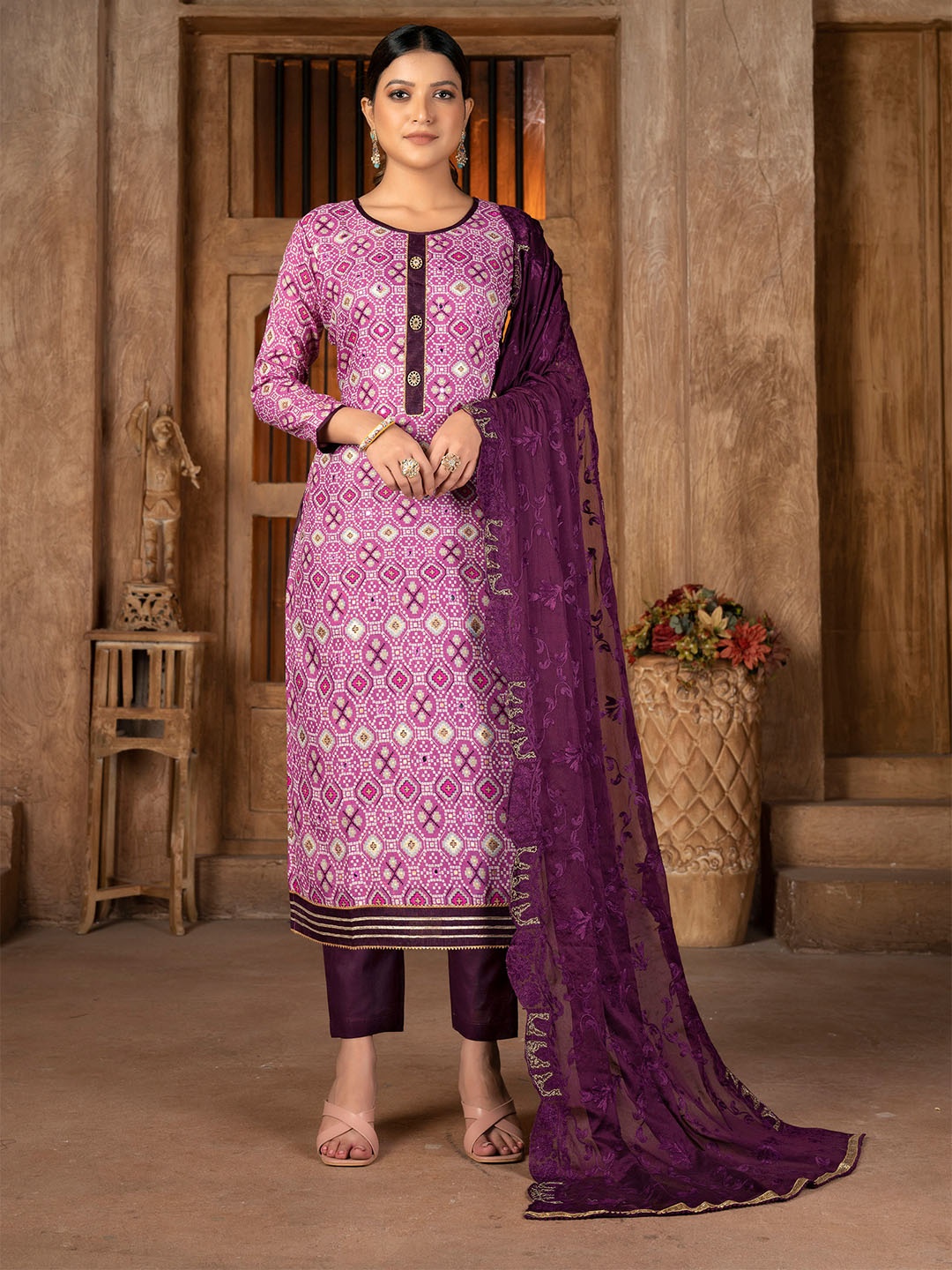 

SHADOW & SAINING Geometric Printed Unstitched Dress Material, Pink