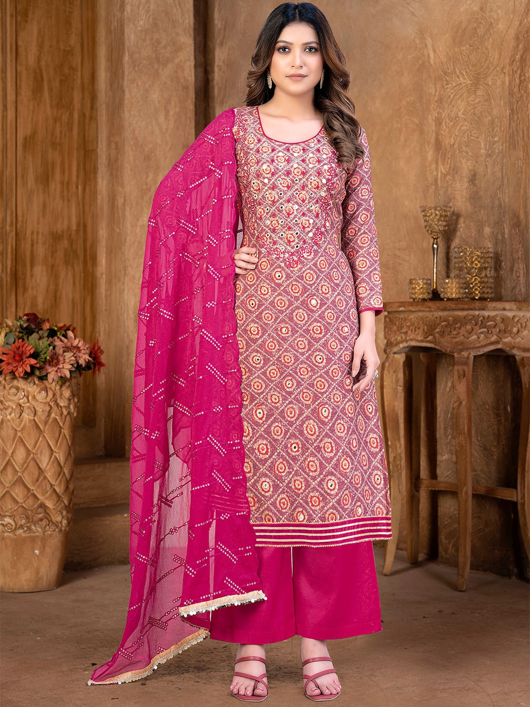 

SHADOW & SAINING Ethnic Motif Embroidered Unstitched Dress Material With Dupatta, Pink