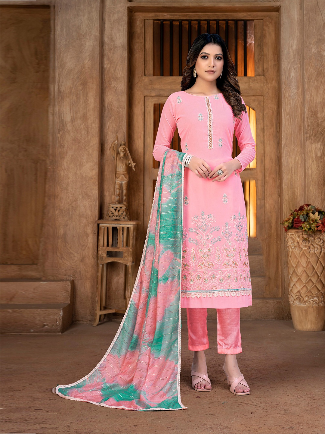 

SHADOW & SAINING Floral Embroidered Silk Georgette Unstitched Dress Material, Pink