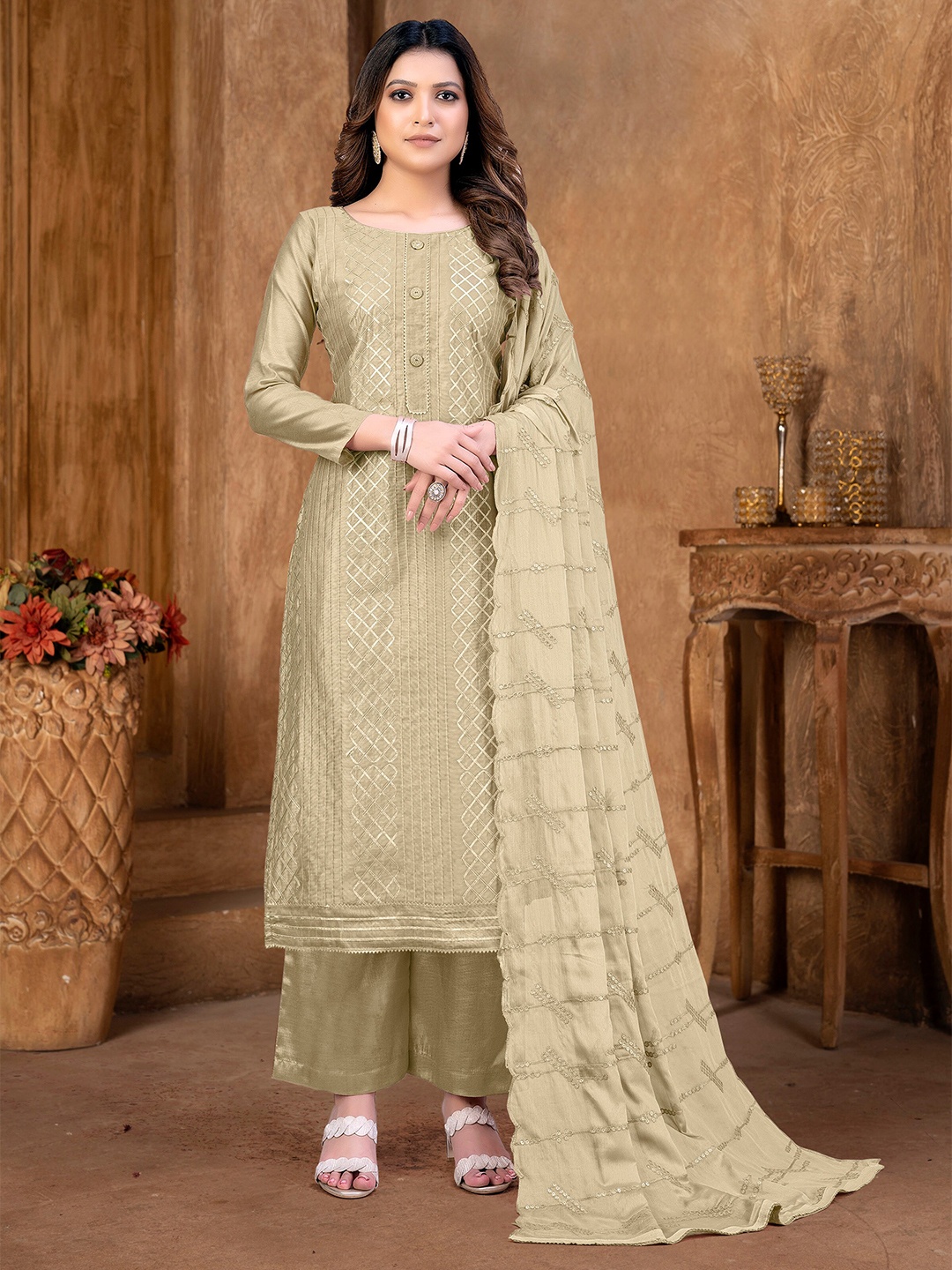 

SHADOW & SAINING Geometric Embroidered Gotta Patti Unstitched Dress Material, Beige