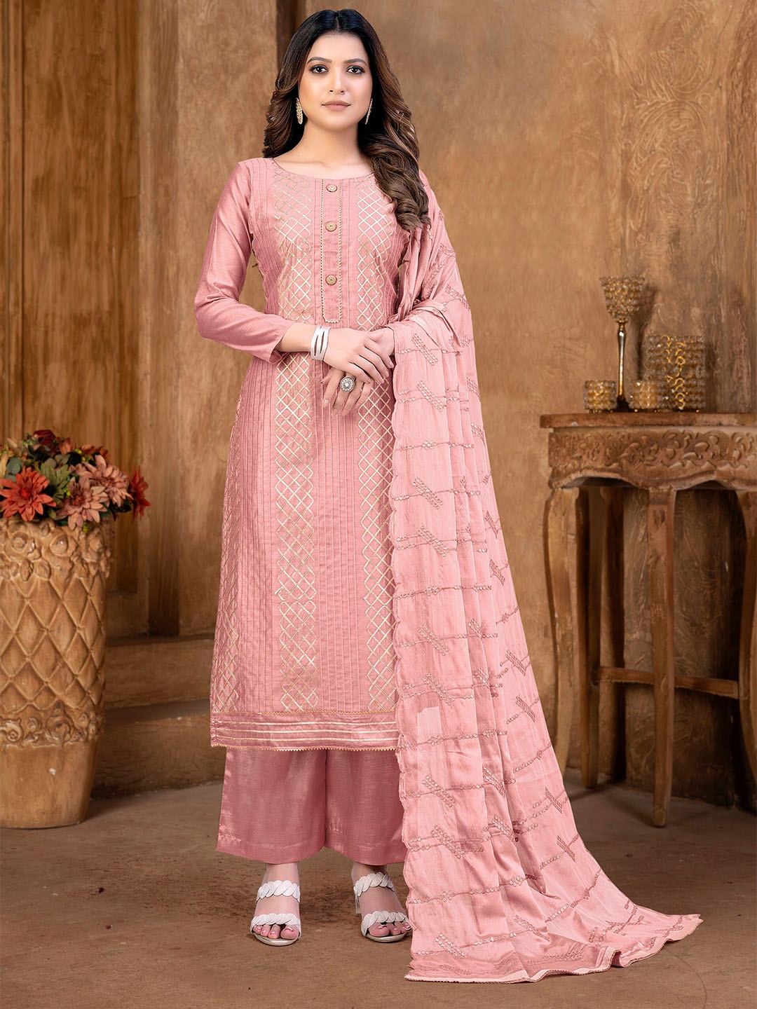 

SHADOW & SAINING Embellished Unstitched Dress Material, Peach