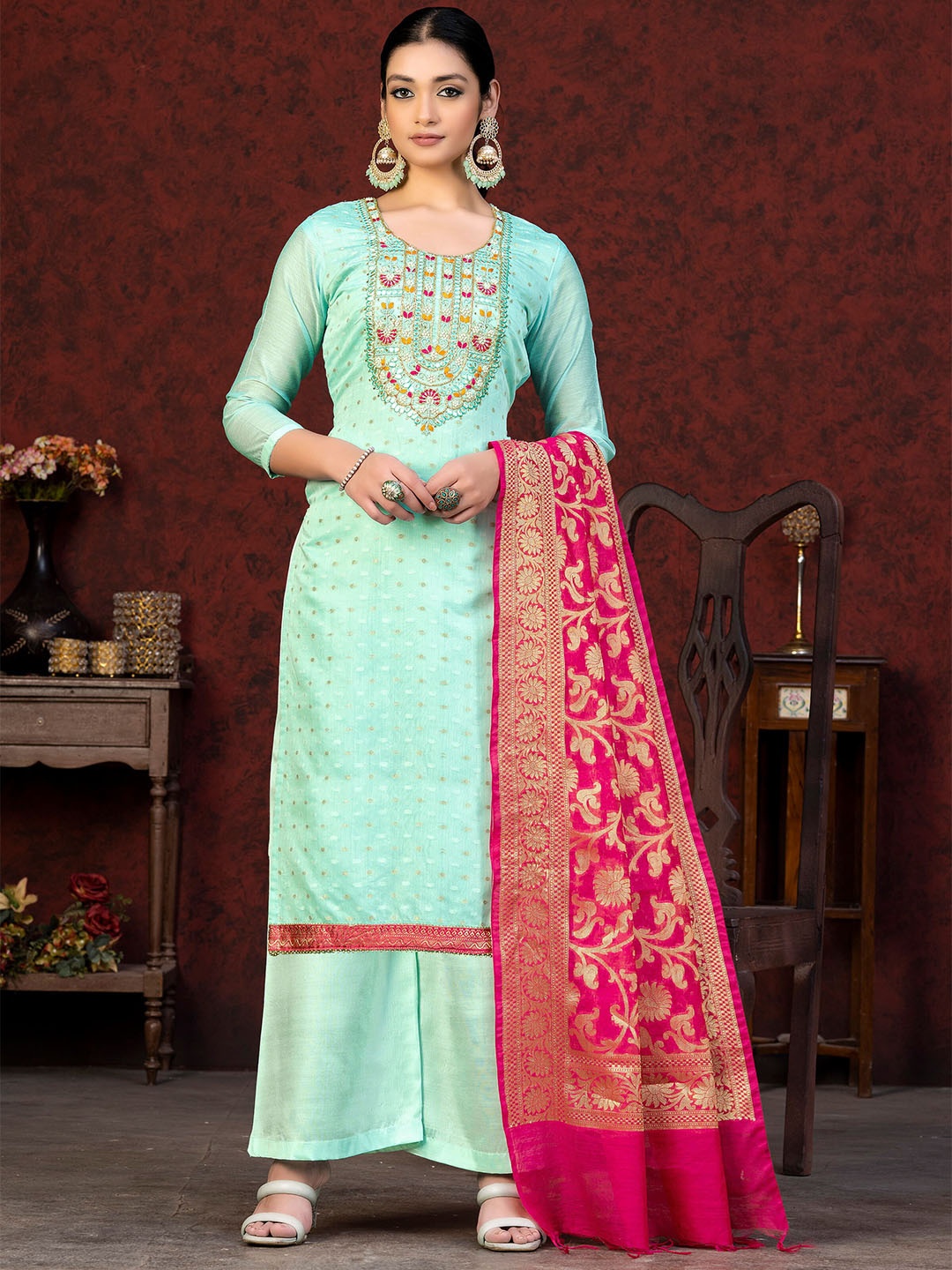 

SHADOW & SAINING Woven Design Embroidered Unstitched Dress Material, Sea green