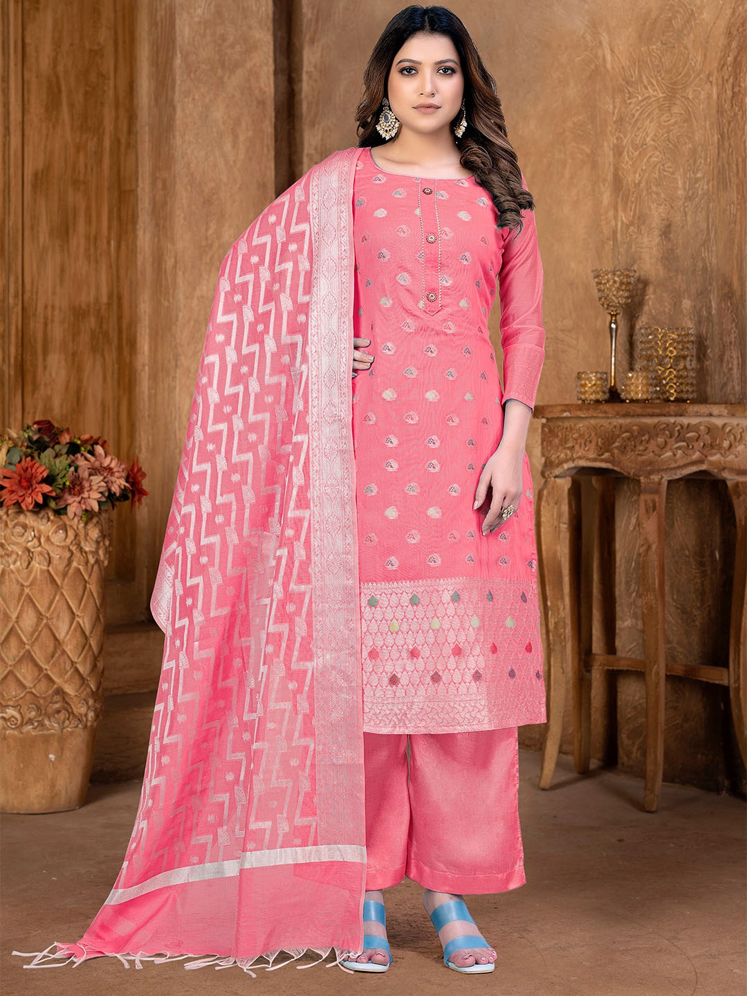 

SHADOW & SAINING Woven Design Unstitched Dress Material, Peach