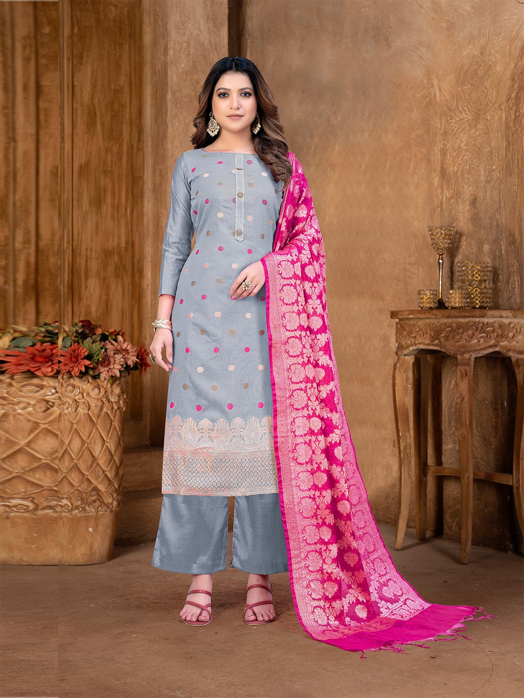 

SHADOW & SAINING Ethnic Motifs Woven Design Unstitched Dress Material, Grey