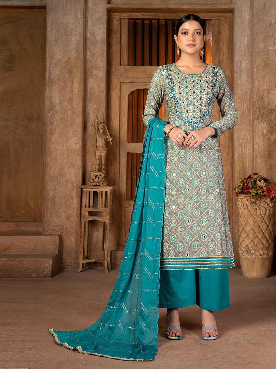 

SHADOW & SAINING Embroidered Mirror Work Unstitched Dress Material, Beige