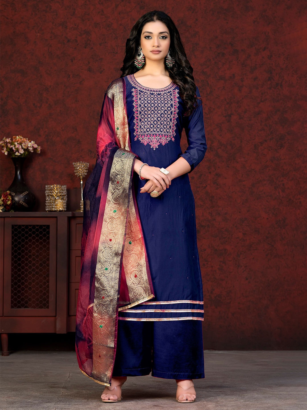 

SHADOW & SAINING Ethnic Motifs Embroidered Unstitched Dress Material, Blue