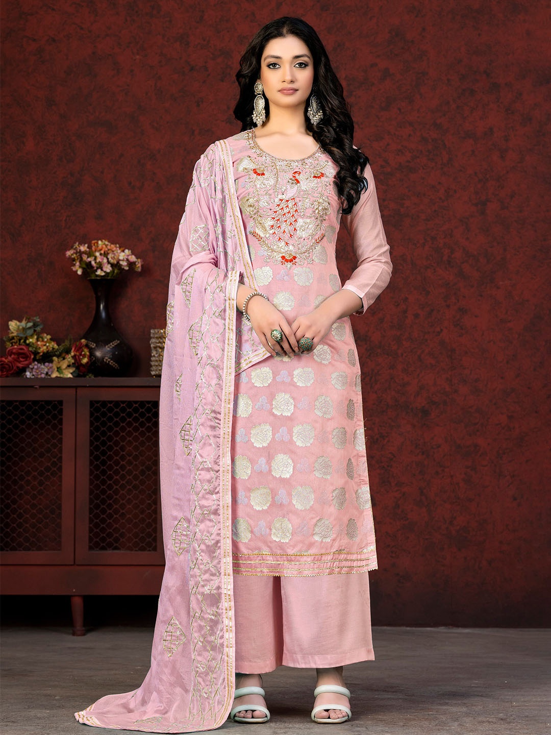 

SHADOW & SAINING Floral Woven Design Bead Work Unstitched Dress Material, Peach