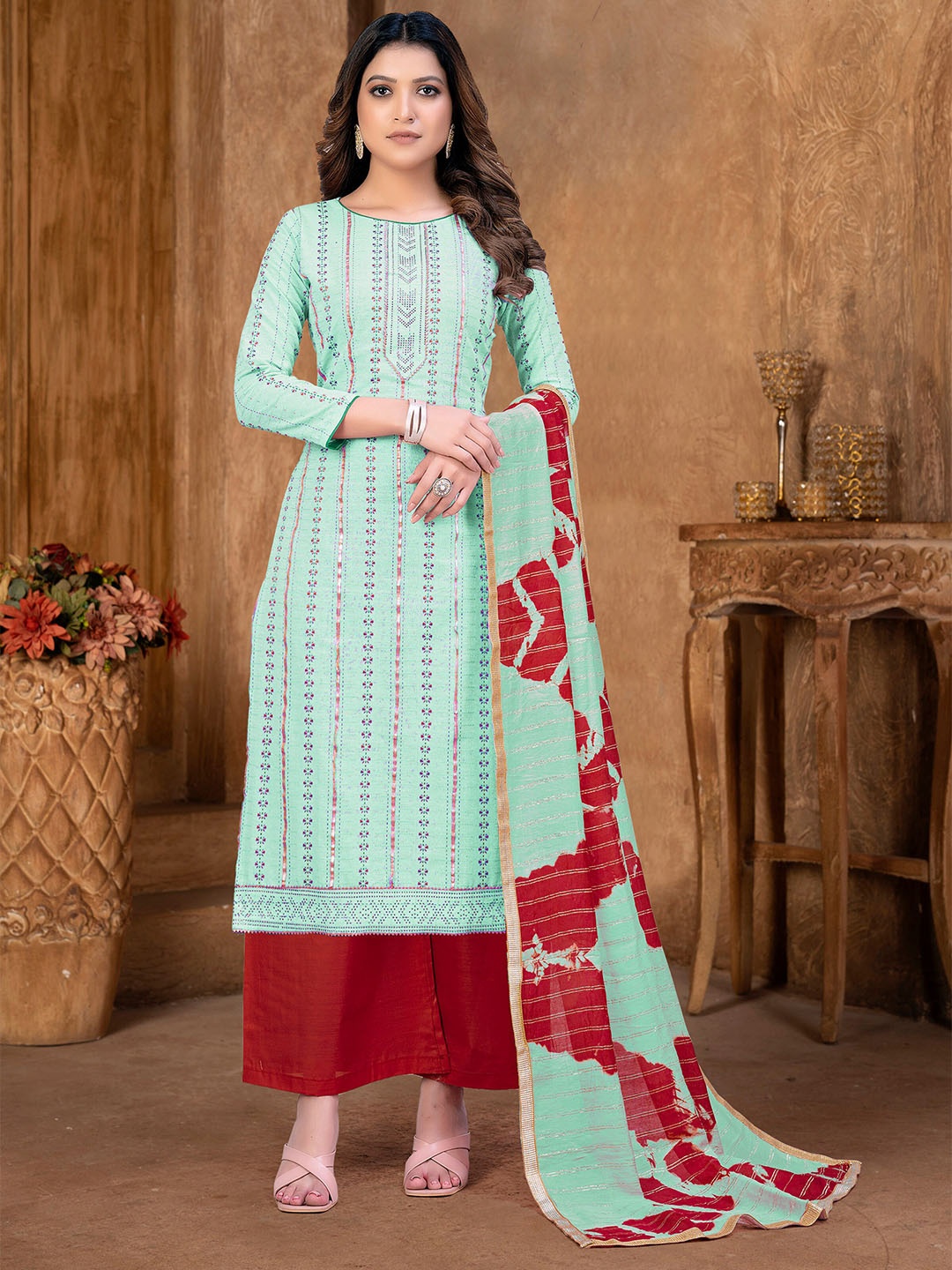 

SHADOW & SAINING Ethnic Motifs Woven Design Gotta Patti Unstitched Dress Material, Green