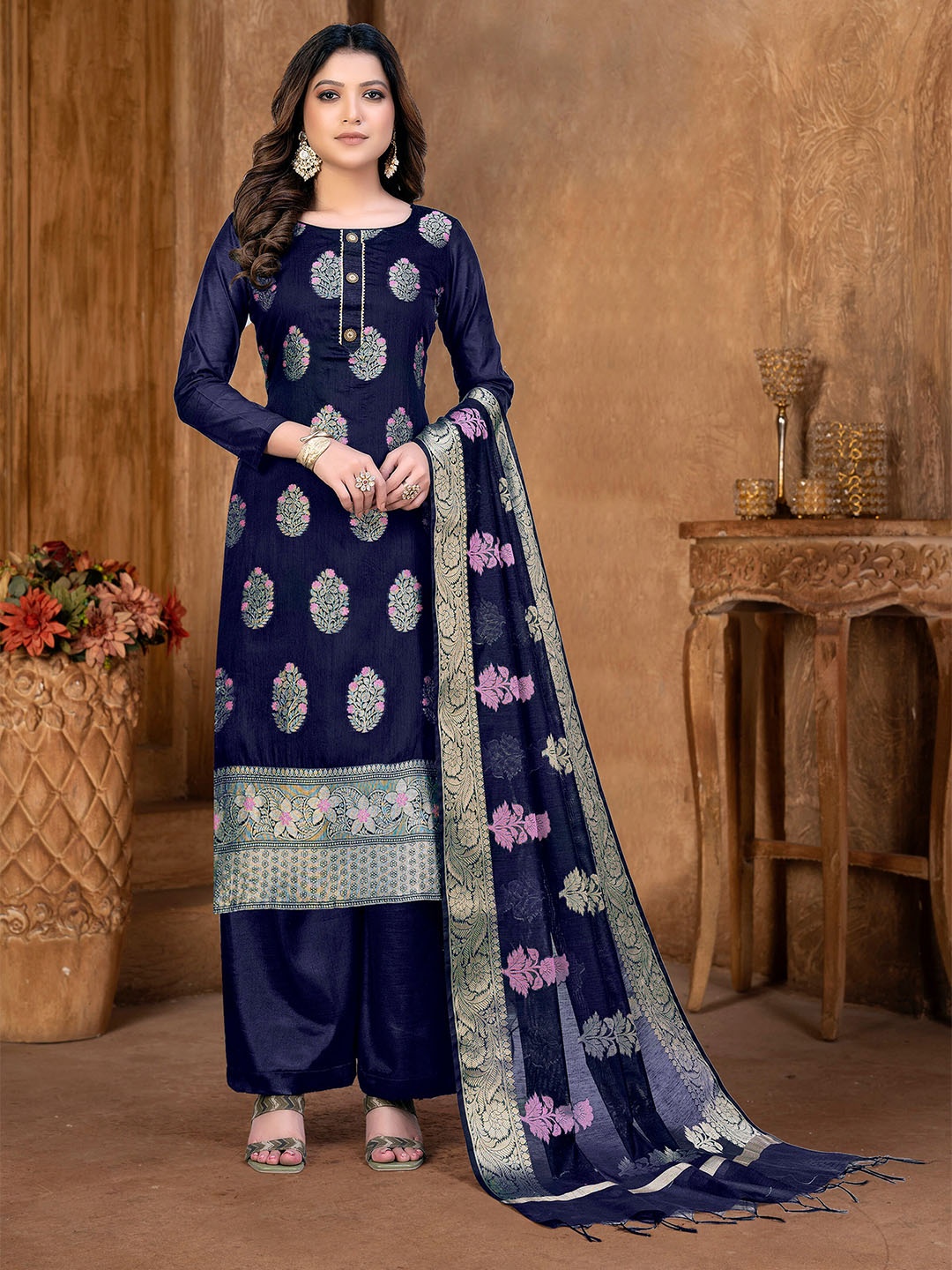 

SHADOW & SAINING Unstitched Dress Material With Dupatta, Blue