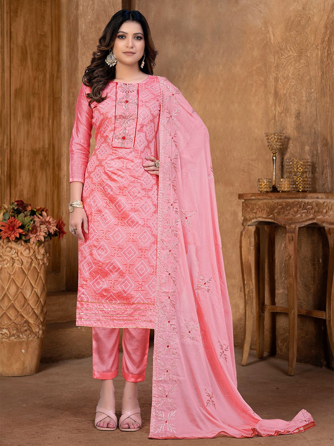 

SHADOW & SAINING Ethnic Motifs Printed Gotta Patti Unstitched Dress Material, Pink