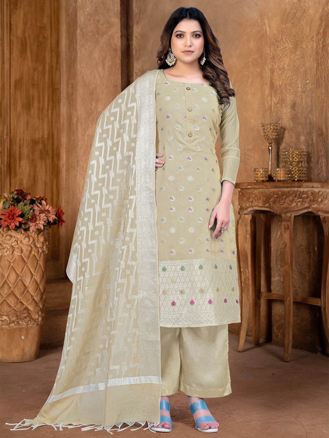 

SHADOW & SAINING Ethnic Motif Woven Design Unstitched Dress Material, Beige