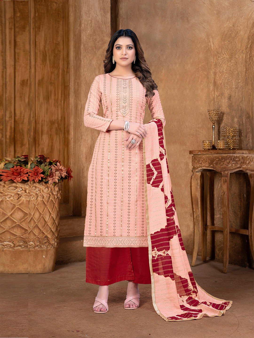 

SHADOW & SAINING Embroidered Unstitched Dress Material, Peach