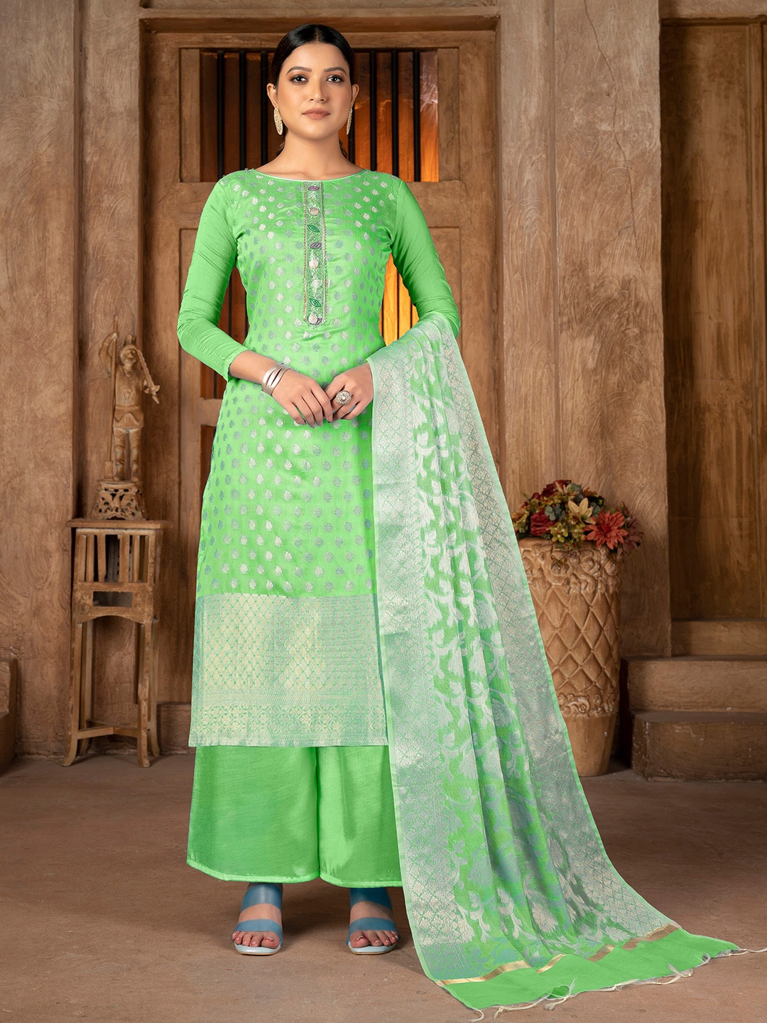 

SHADOW & SAINING Woven Design Unstitched Dress Material, Green